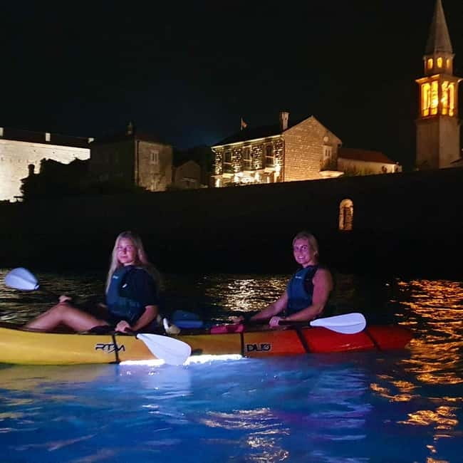 Budva: Night Lights Kayaking Tour - St. Nicholas Island and the swimming stop
